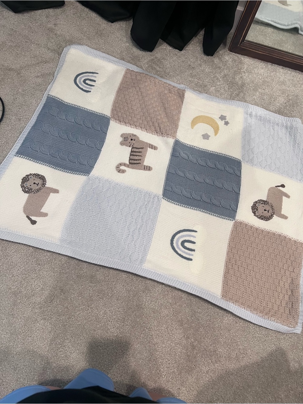 Pottery Barn Kids Neutral Safari Patchwork Baby Blanket - Blue, Cream & Taupe